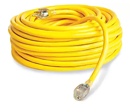 Yellow heavy duty outdoor extension cord with lighted end.