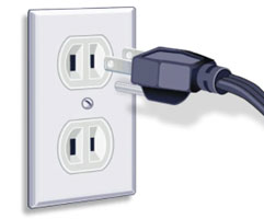 Graphic showing a 3-prong plug in front of a 2-prong electrical outlet.