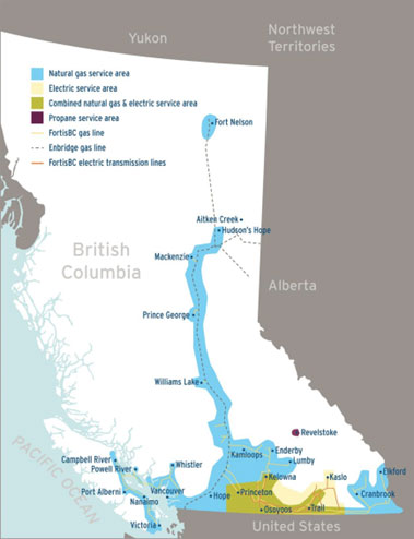 Map of Fortis service area in British Columbia Canada.