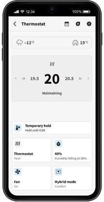 A smart phone showing the app readings for a smart thermostat.